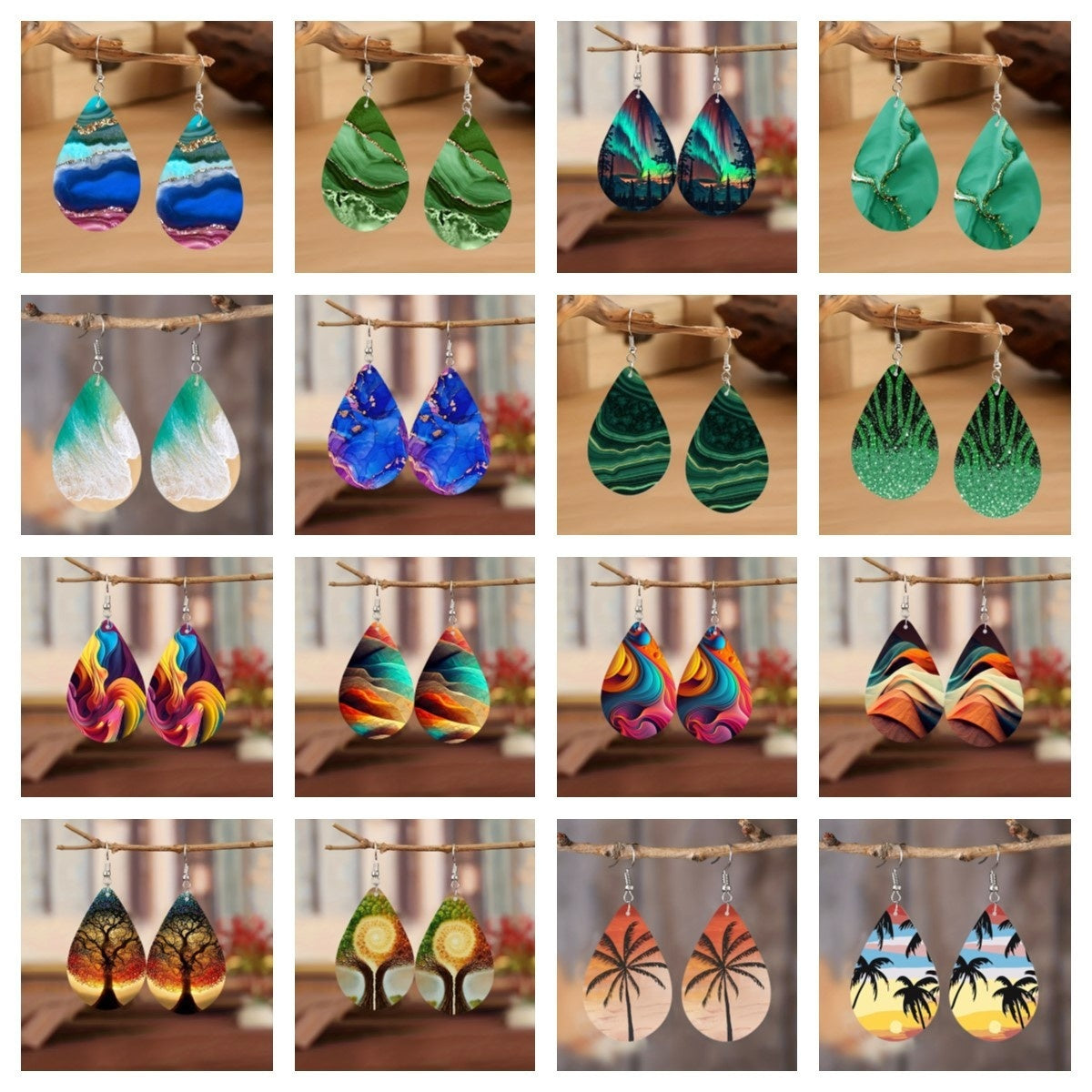 Pattern Small Water Drop Cross Mirror Popular Wooden Earrings Weloria