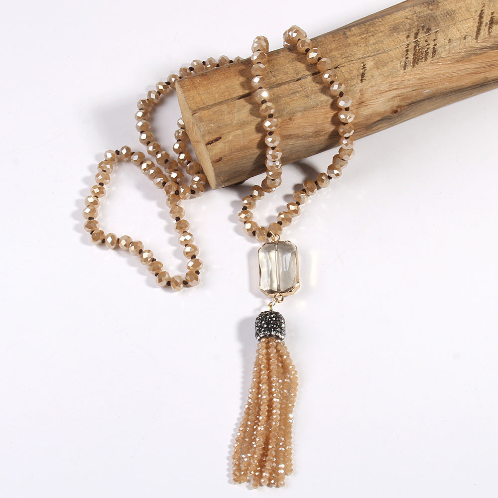 Crystal Glass Necklace Square Glass With Glass Tassel Necklace Sweater Chain Weloria