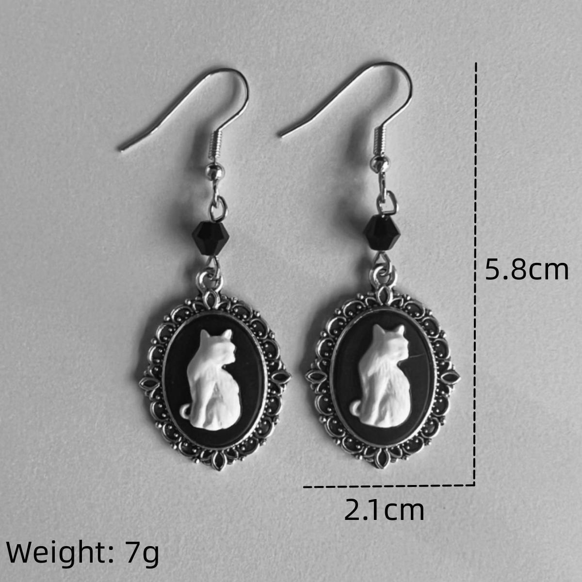 Gothic Black Cat Silver Frame Beads Earrings Weloria