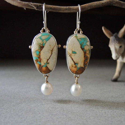 Vintage Colored Turquoise And Pearl Drop Pendant Earrings Weloria