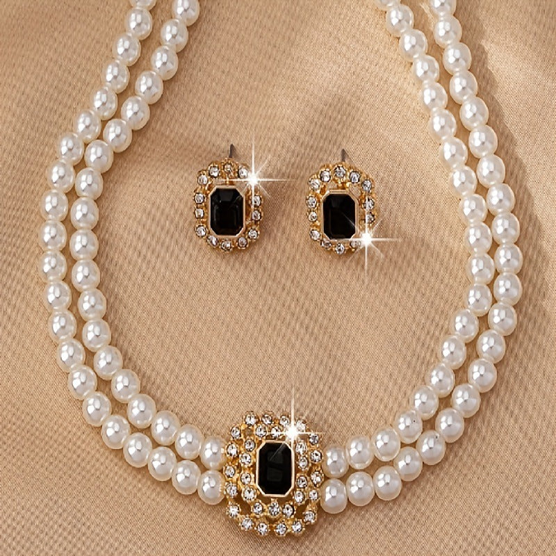 Stylish Elegant Double Row Pearl Square Diamond-studded Necklace Earings Set Weloria
