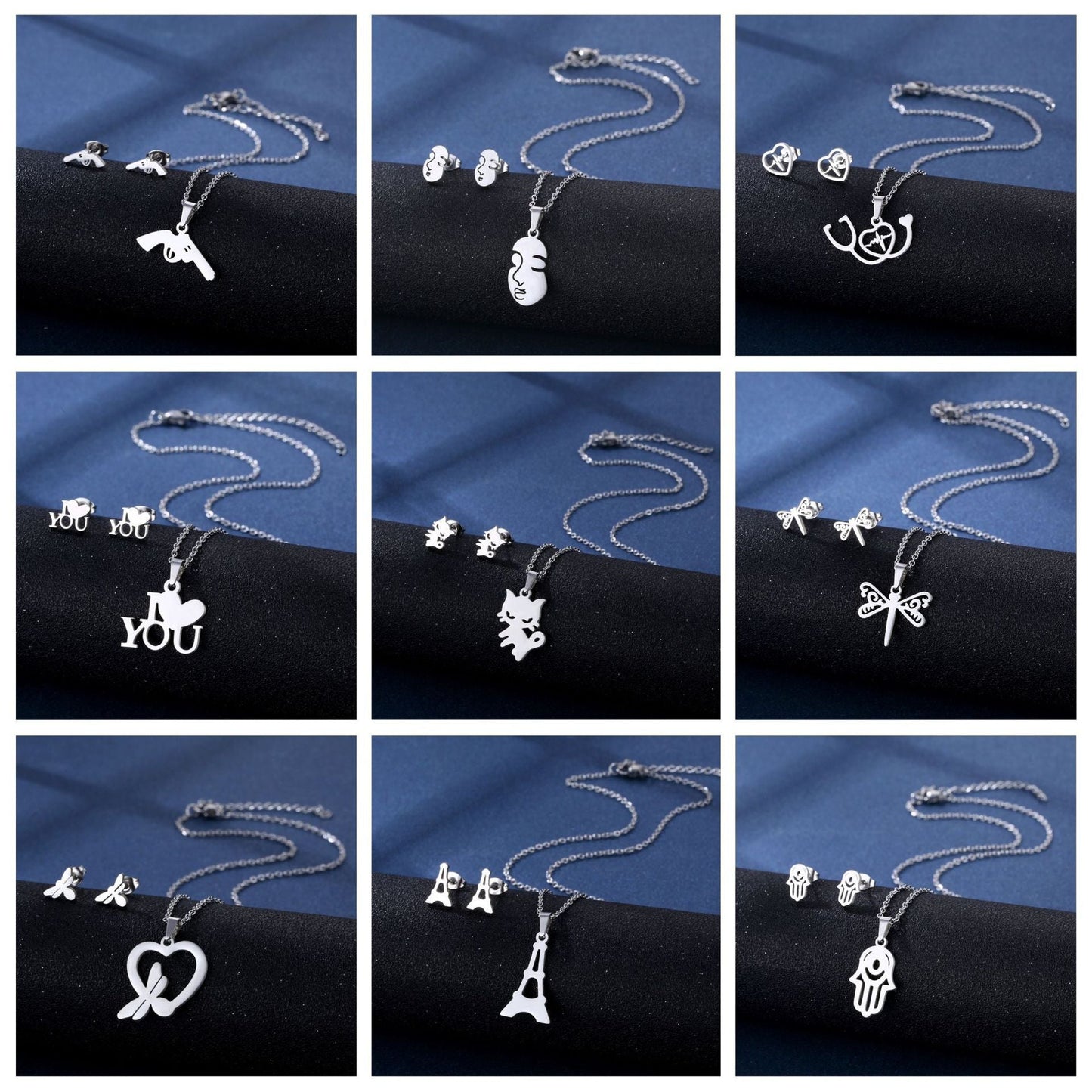 Stainless Steel Necklace Ear Stud Combination Suit Weloria