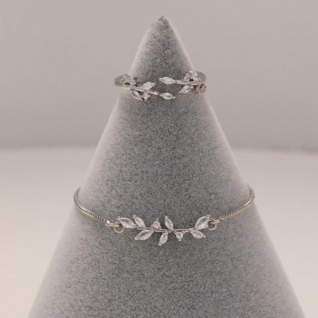 2pcs Fashion Silver Horse Eye Crystal Zircon Leaf Bracelet And Ring,Pulling Bracelet Suitable For Women's Daily Holiday Outfits Weloria
