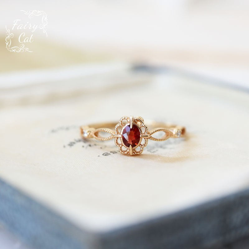 Natural Garnet Picture Frame Hollow Lace Flower Ring Weloria