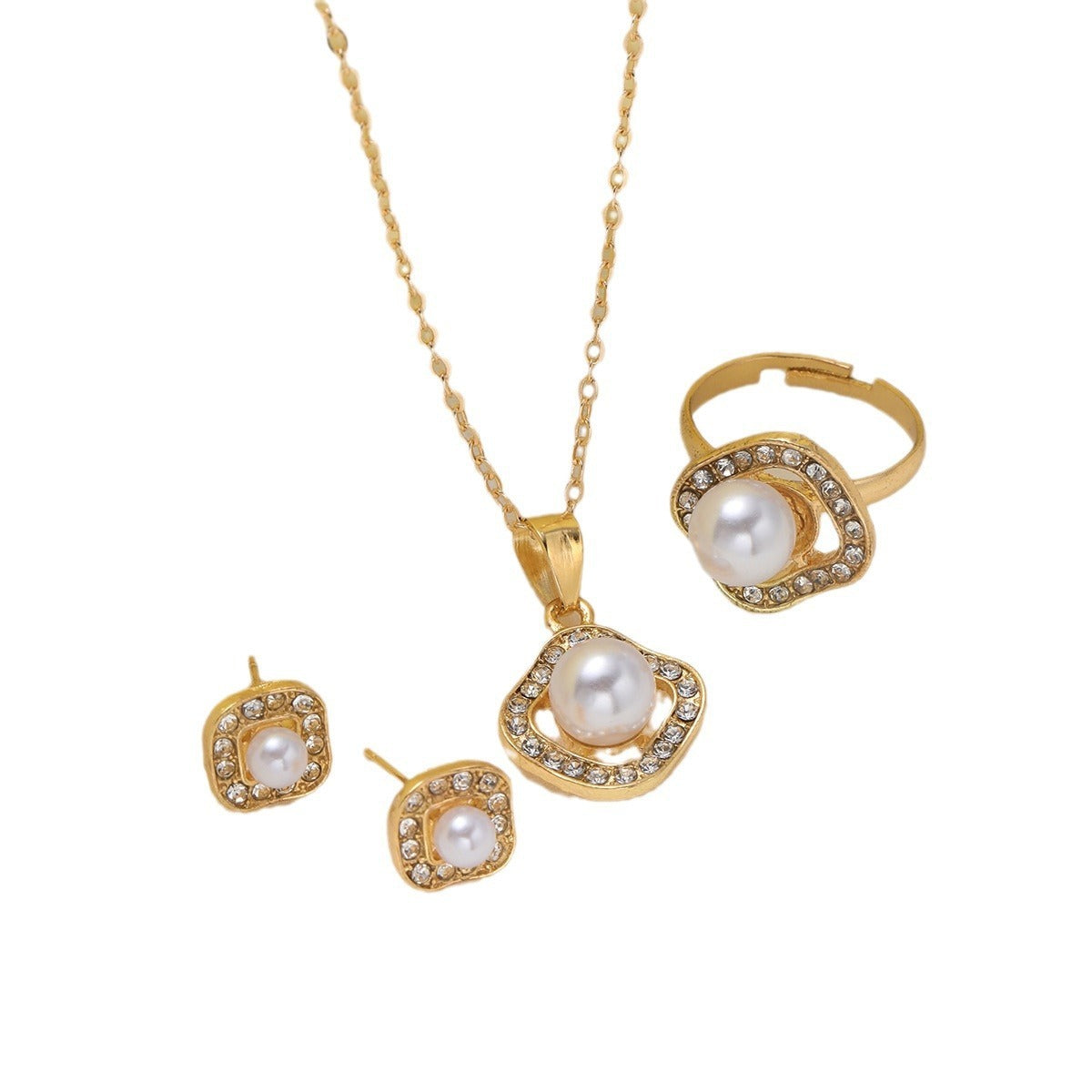 Fashion Rhinestone Pearl Square Necklace Suit Weloria