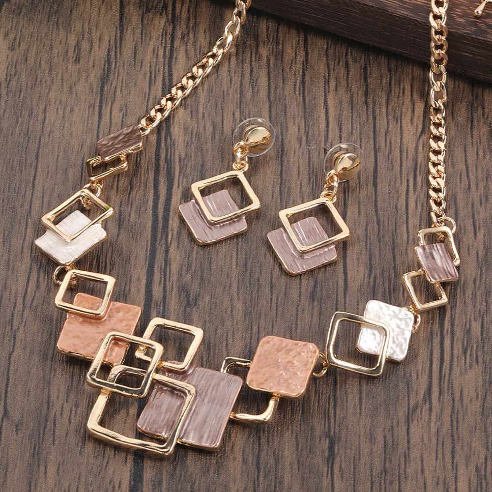Necklace And Earrings Kit Zinc Alloy Geometric Square Color Oil Necklace Hollow Female Weloria