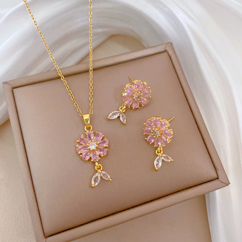 Necklace And Earrings Suite Light Luxury Full Diamond Flowers Weloria