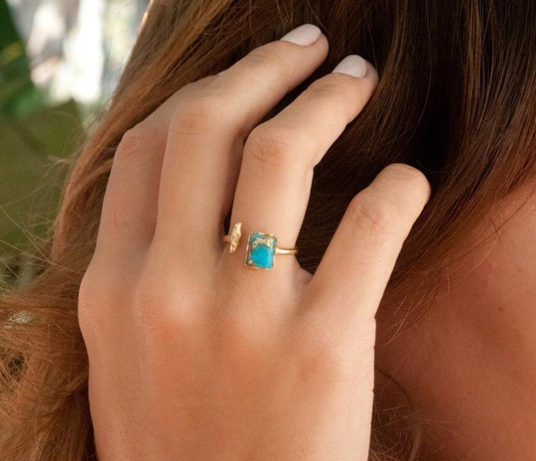 Fashion Simple European And American Style Inlaid Turquoise Open Adjustable Ring Weloria