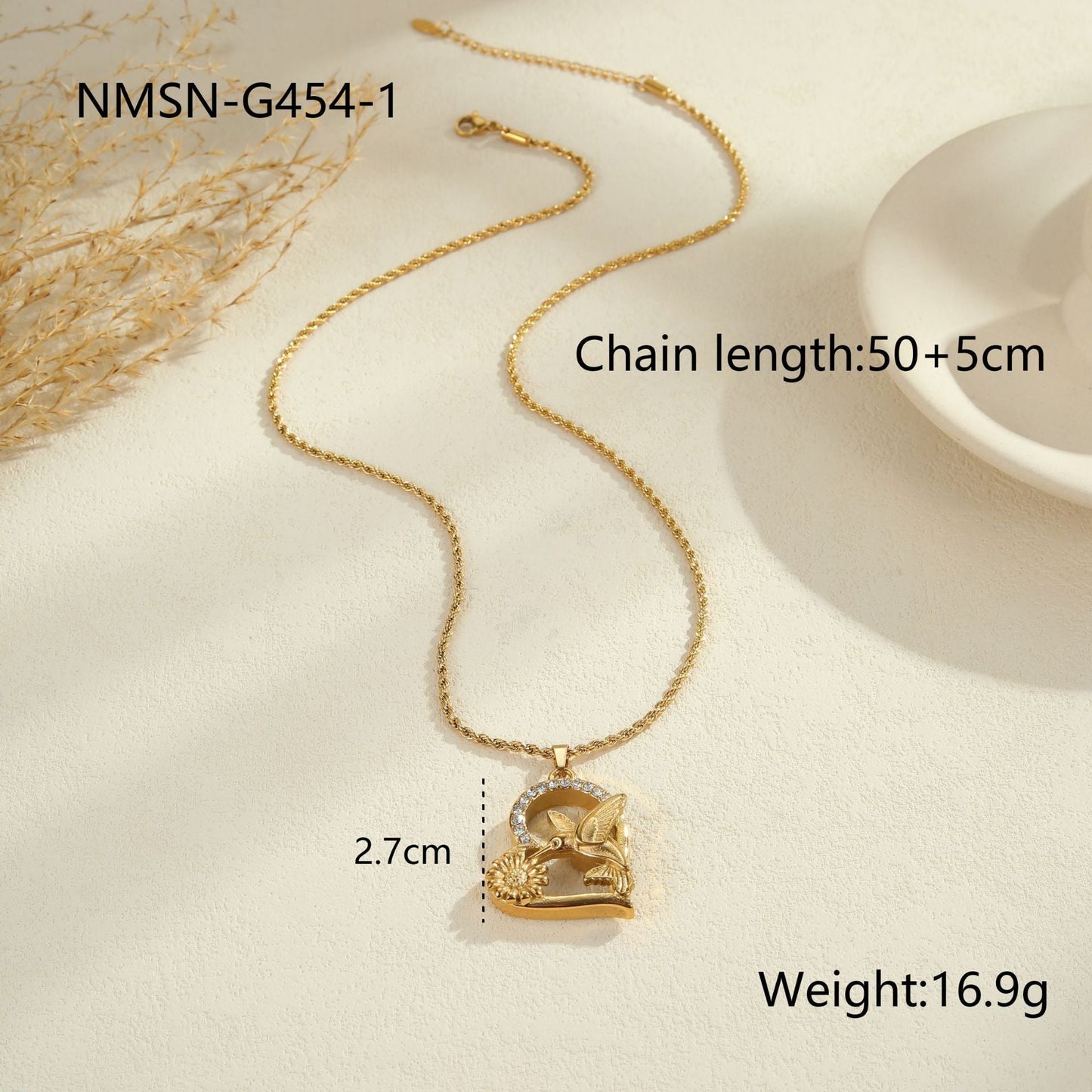 Design Sense Hummingbird Flowers Print Pendant Gold-plated Titanium Steel Weloria