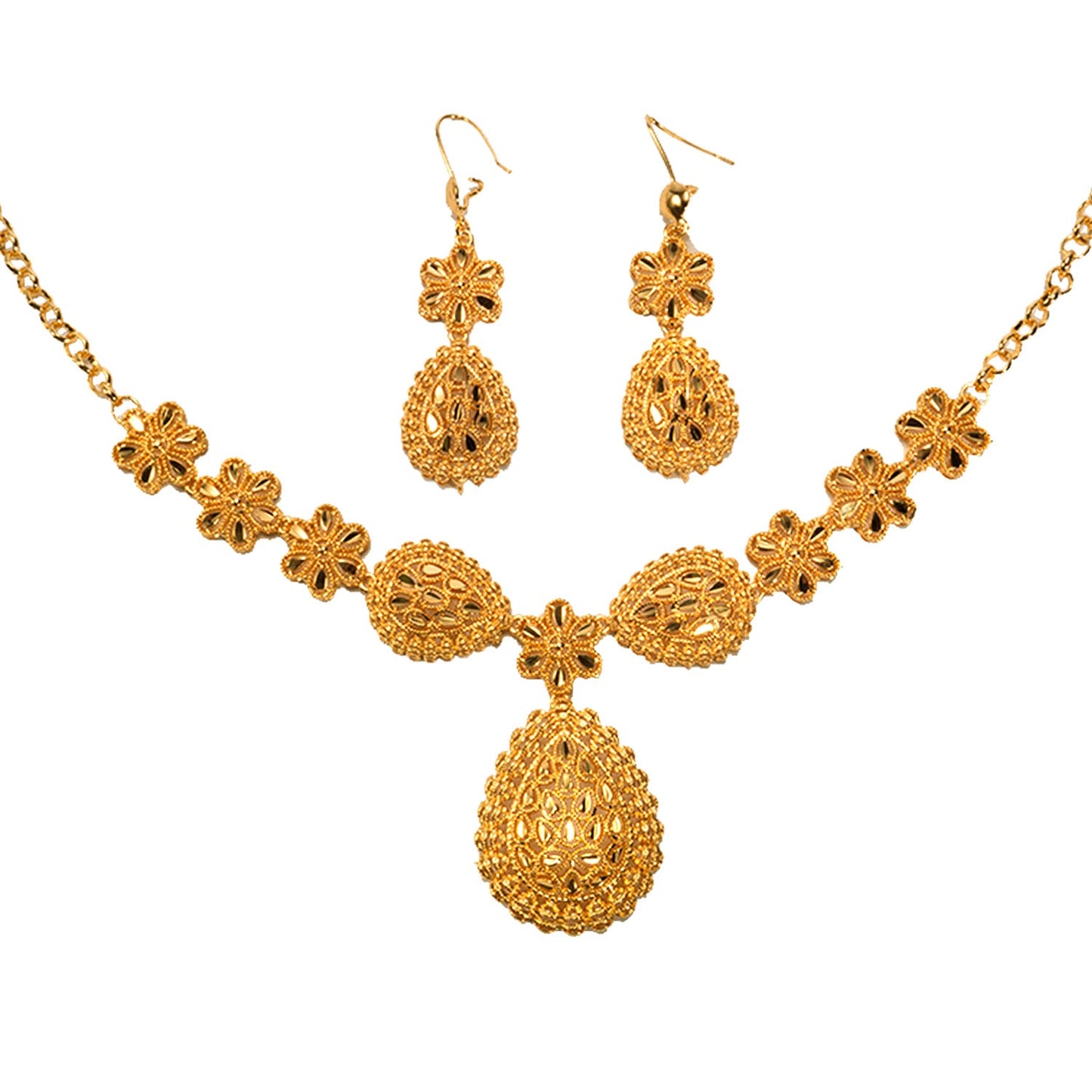 24K Gold Plated Bridal Necklace Two-piece Earrings Set India Dubai Weloria