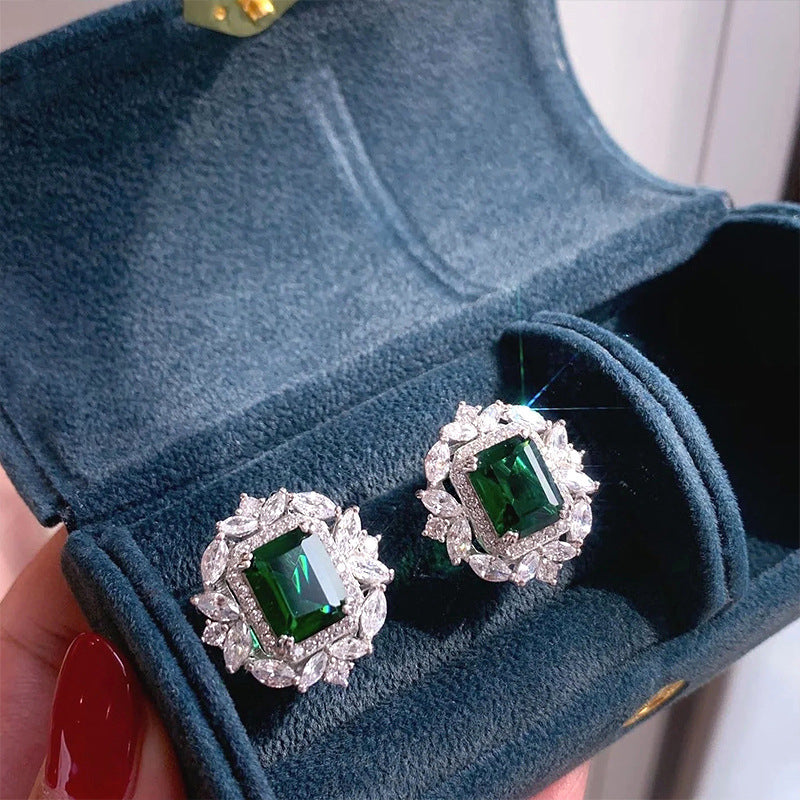 Full Diamond Inlaid Rectangular Rhinestone Flower Ear Studs Weloria