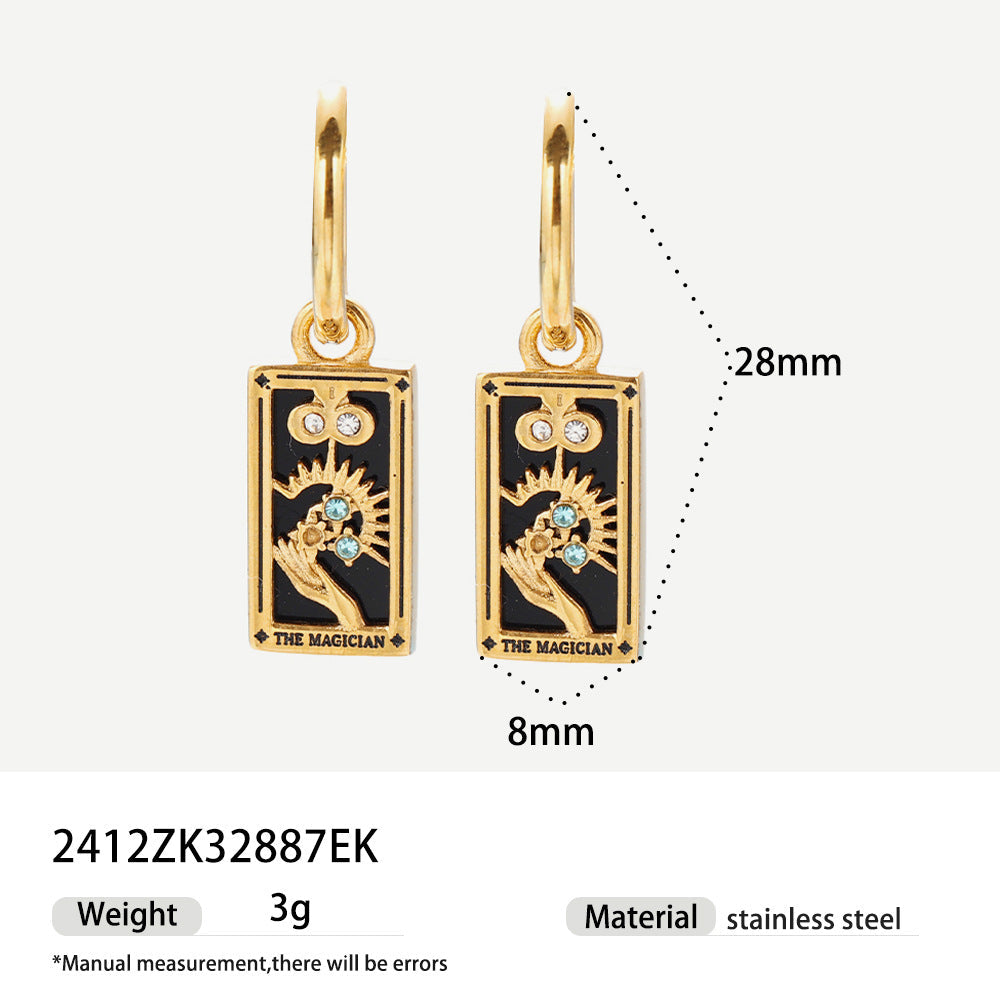 Tarot Stainless Steel Rectangular Drop Zircon Earrings European And American Retro Weloria