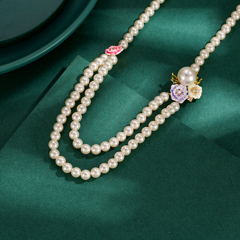 Enamel Glaze Diamond Three-color Rose Flower Double-layer Pearl Necklace Female Weloria