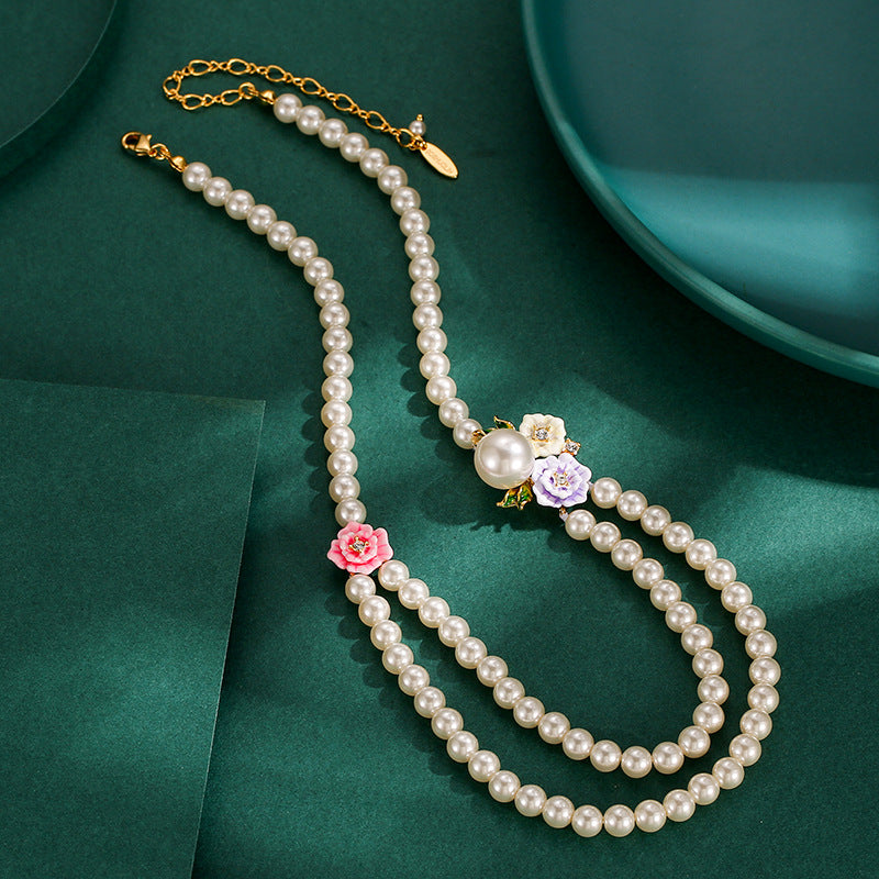 Enamel Glaze Diamond Three-color Rose Flower Double-layer Pearl Necklace Female Weloria