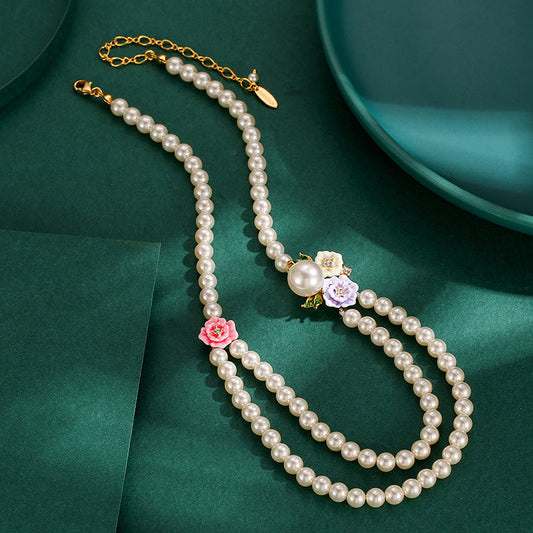Enamel Glaze Diamond Three-color Rose Flower Double-layer Pearl Necklace Female Weloria