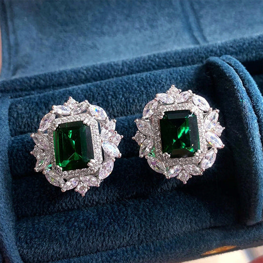 Full Diamond Inlaid Rectangular Rhinestone Flower Ear Studs Weloria