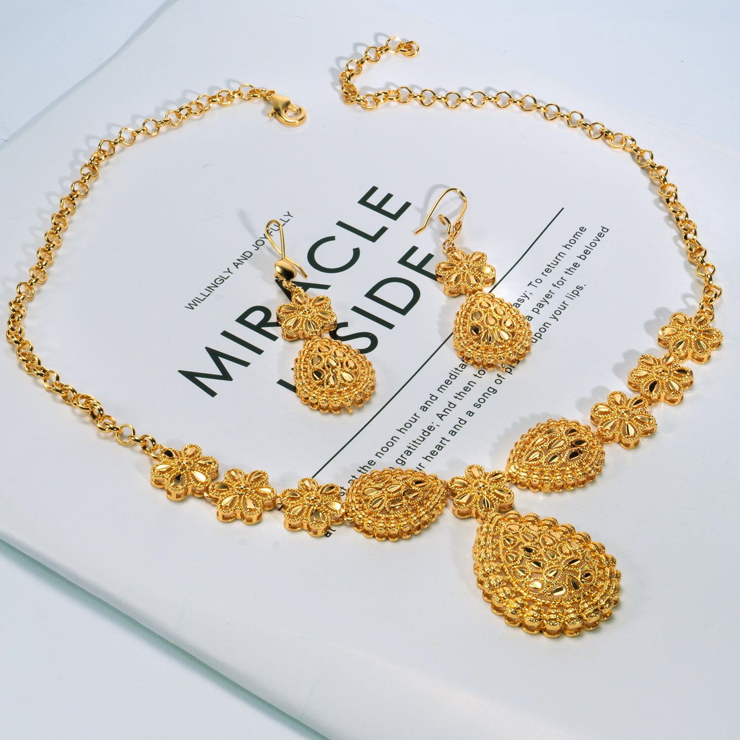 24K Gold Plated Bridal Necklace Two-piece Earrings Set India Dubai Weloria