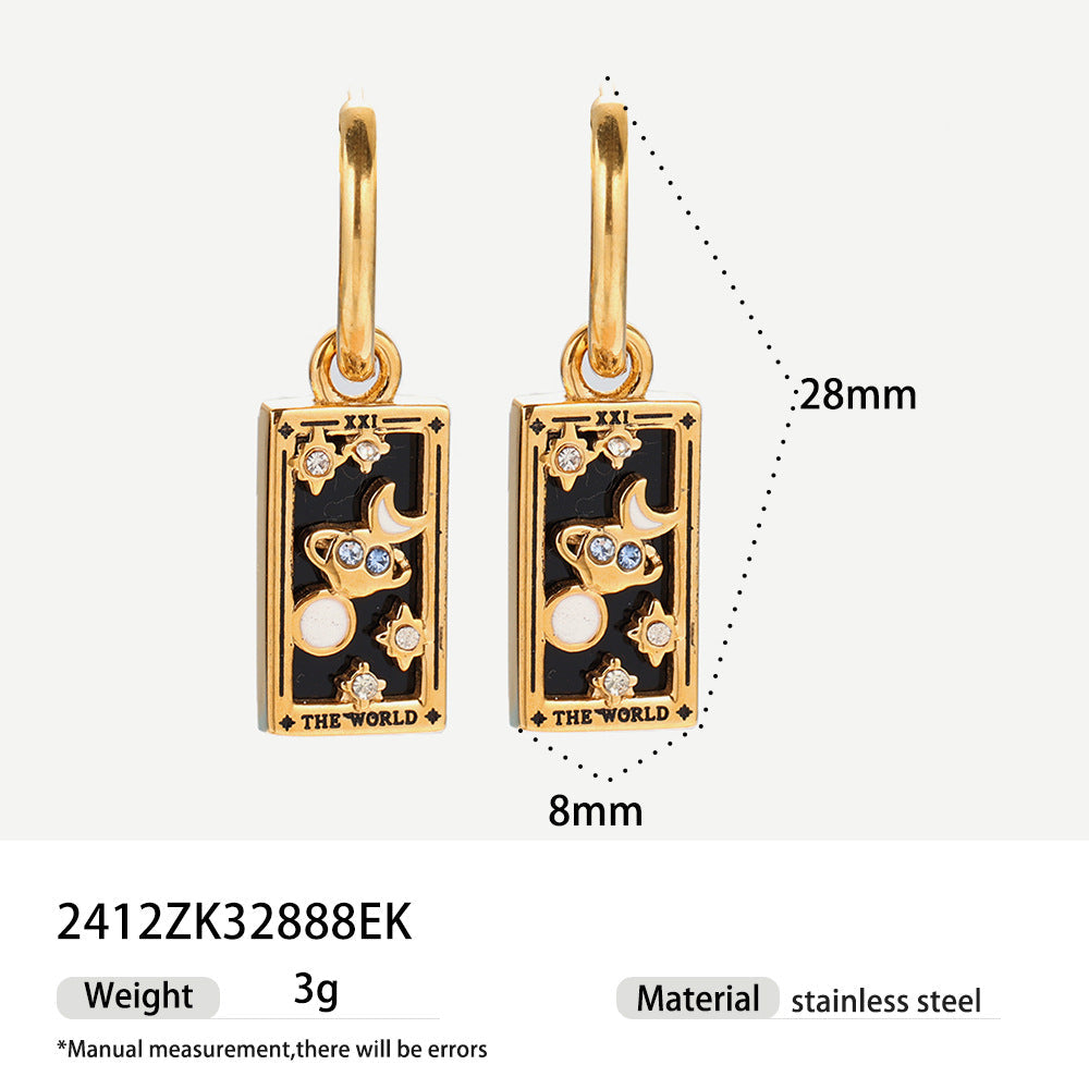 Tarot Stainless Steel Rectangular Drop Zircon Earrings European And American Retro Weloria