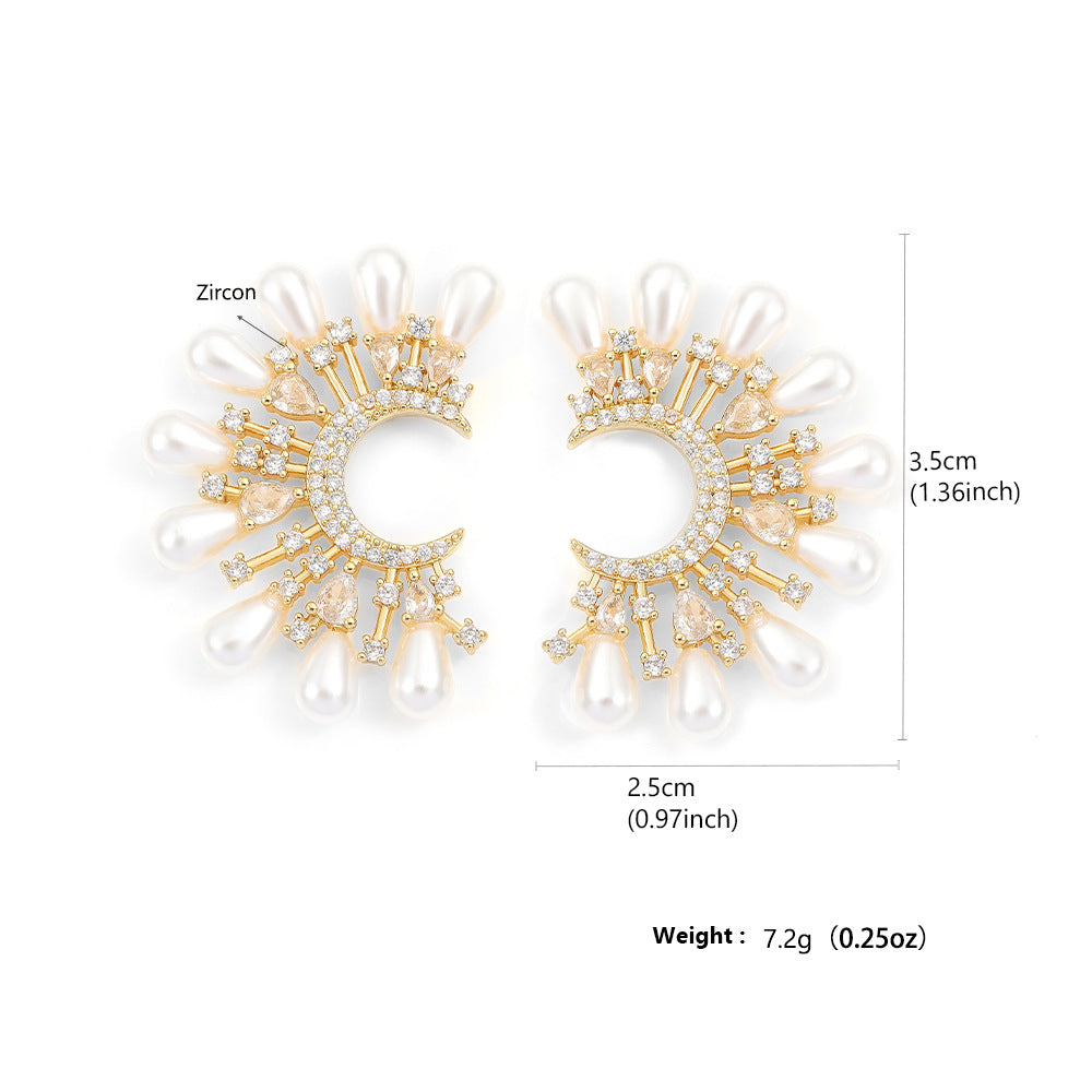 Moon Pearl Zircon Women's Simple Exquisite Special-interest Design High-grade Earrings Weloria