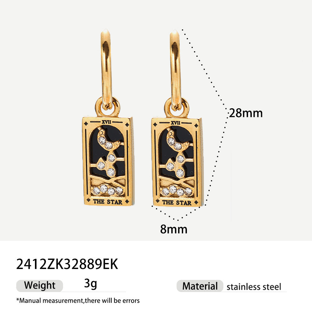 Tarot Stainless Steel Rectangular Drop Zircon Earrings European And American Retro Weloria