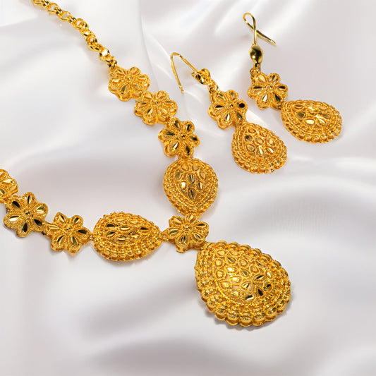 24K Gold Plated Bridal Necklace Two-piece Earrings Set India Dubai Weloria