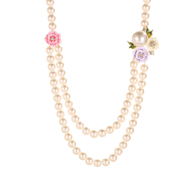 Enamel Glaze Diamond Three-color Rose Flower Double-layer Pearl Necklace Female Weloria
