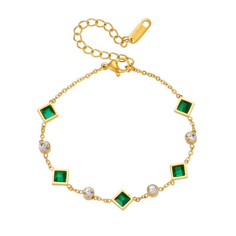 Fashion Gold-plated Titanium Steel Square Emerald Inlaid Rhinestone Bracelet Weloria