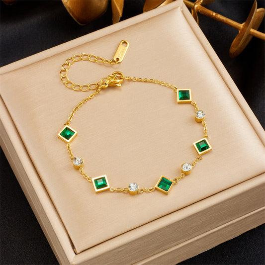 Fashion Gold-plated Titanium Steel Square Emerald Inlaid Rhinestone Bracelet Weloria
