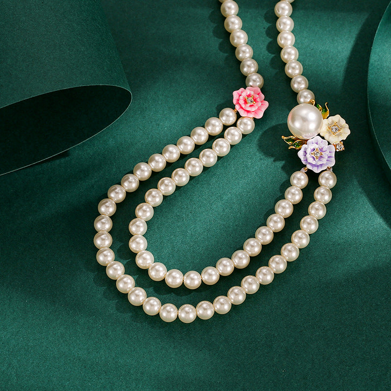 Enamel Glaze Diamond Three-color Rose Flower Double-layer Pearl Necklace Female Weloria