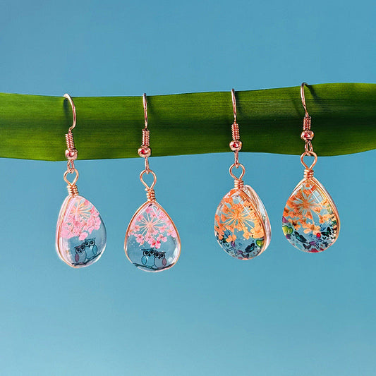 Water Drop-shaped Glass Eardrops Bird Language And Flower Fragrance Owl Weloria