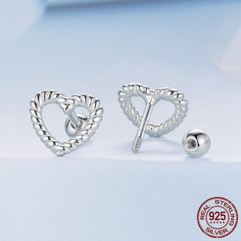 S925 Sterling Silver Hollow Twist Love Heart Stud Earrings Weloria