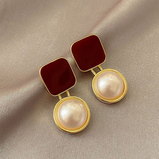 Red Blue Blocks Pearl Stud Earrings Ins French Simplicity Weloria