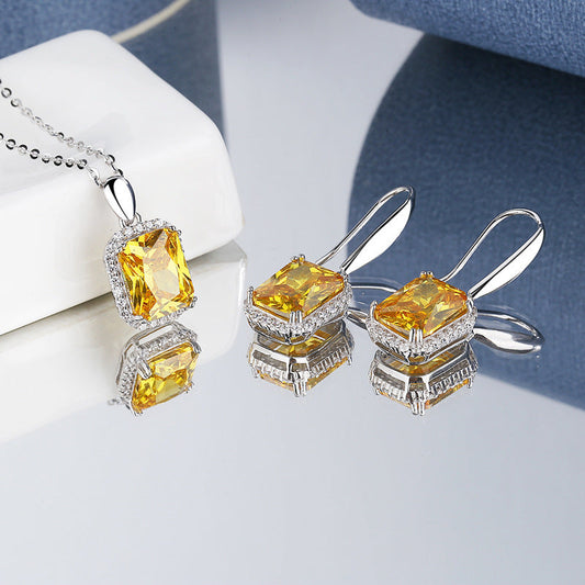 S925 Sterling Silver Princess Square Yellow Diamond Necklace Earrings Weloria