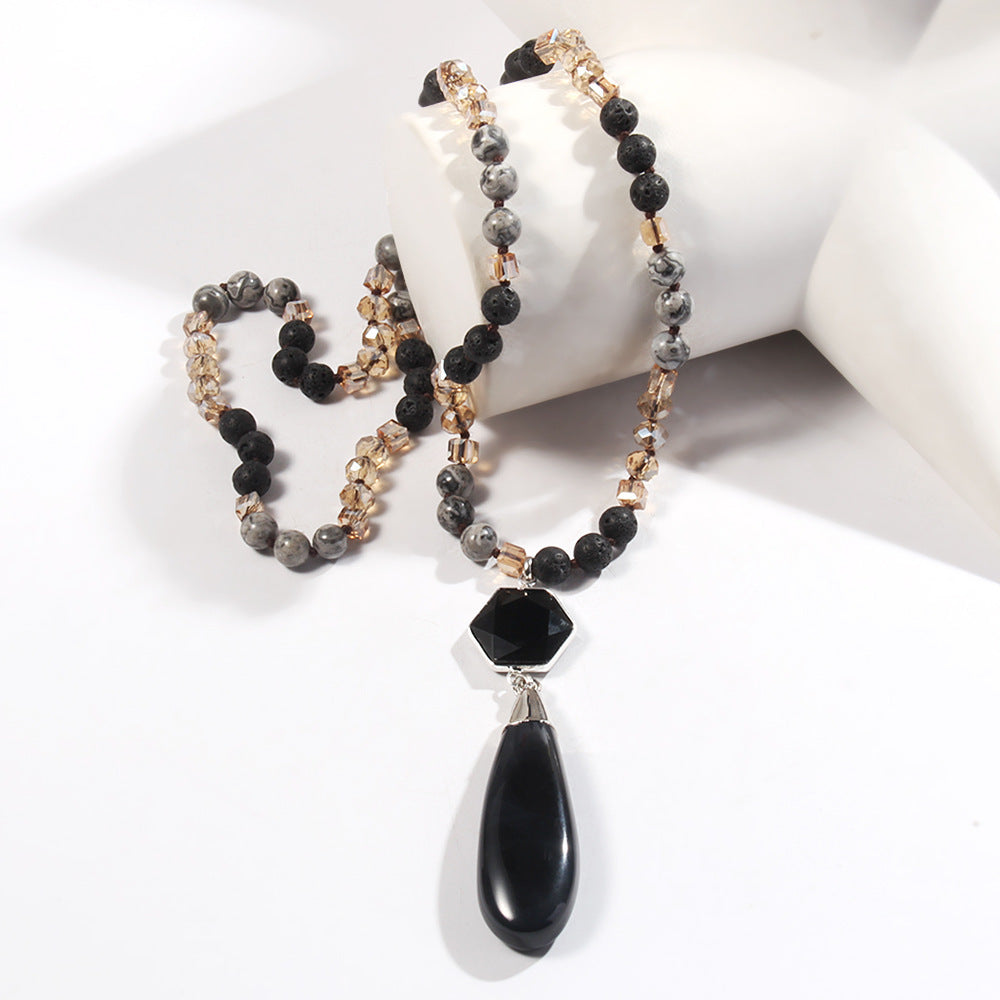 Natural Stone Glass Knotted Necklace Hexagonal Water Drop Stone Pendant Necklace Weloria
