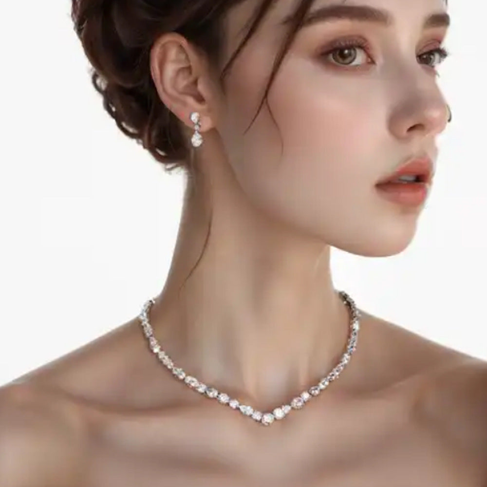 Simple Full Rhinestone Zircon Necklace And Earrings Suite Weloria