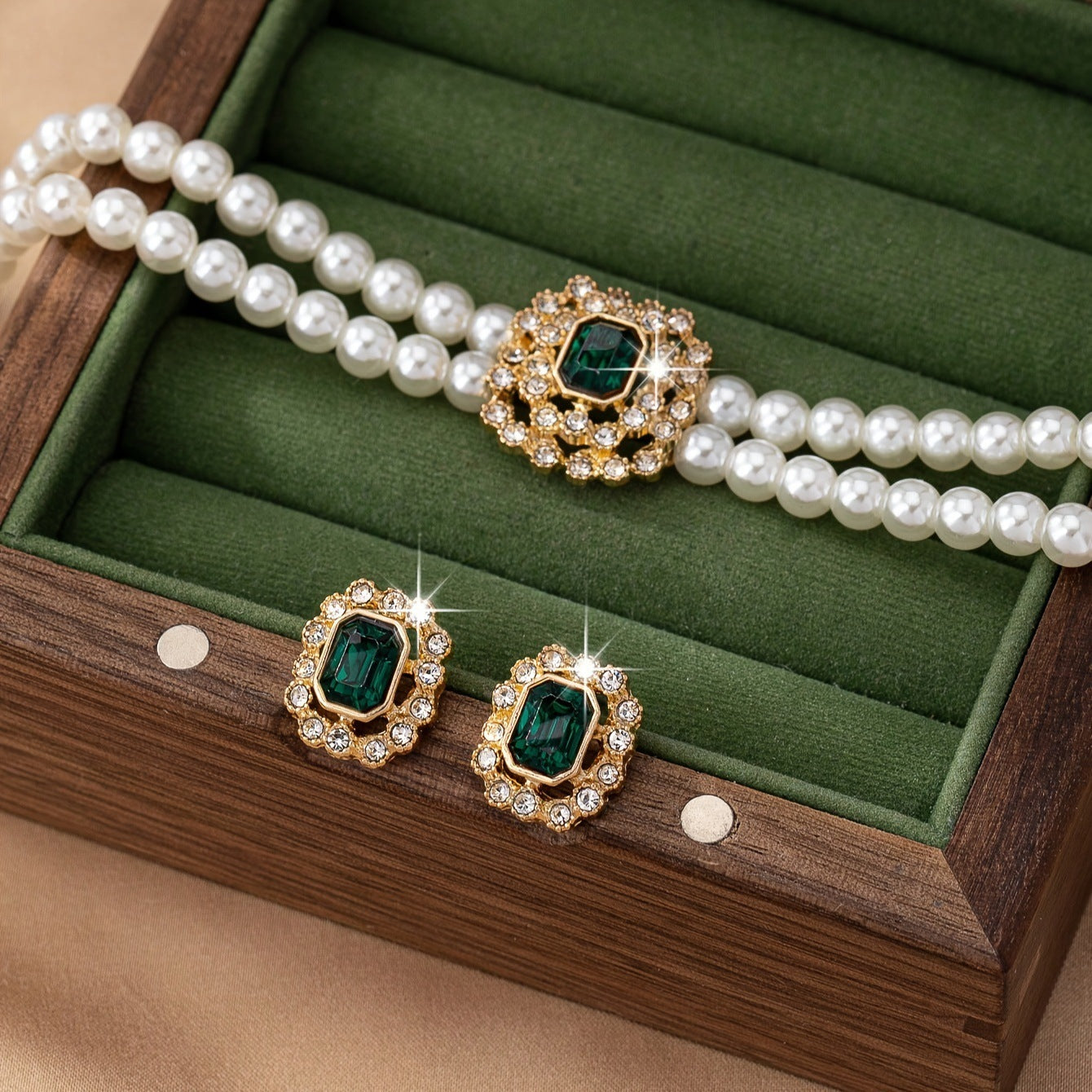 Stylish Elegant Double Row Pearl Square Diamond-studded Necklace Earings Set Weloria
