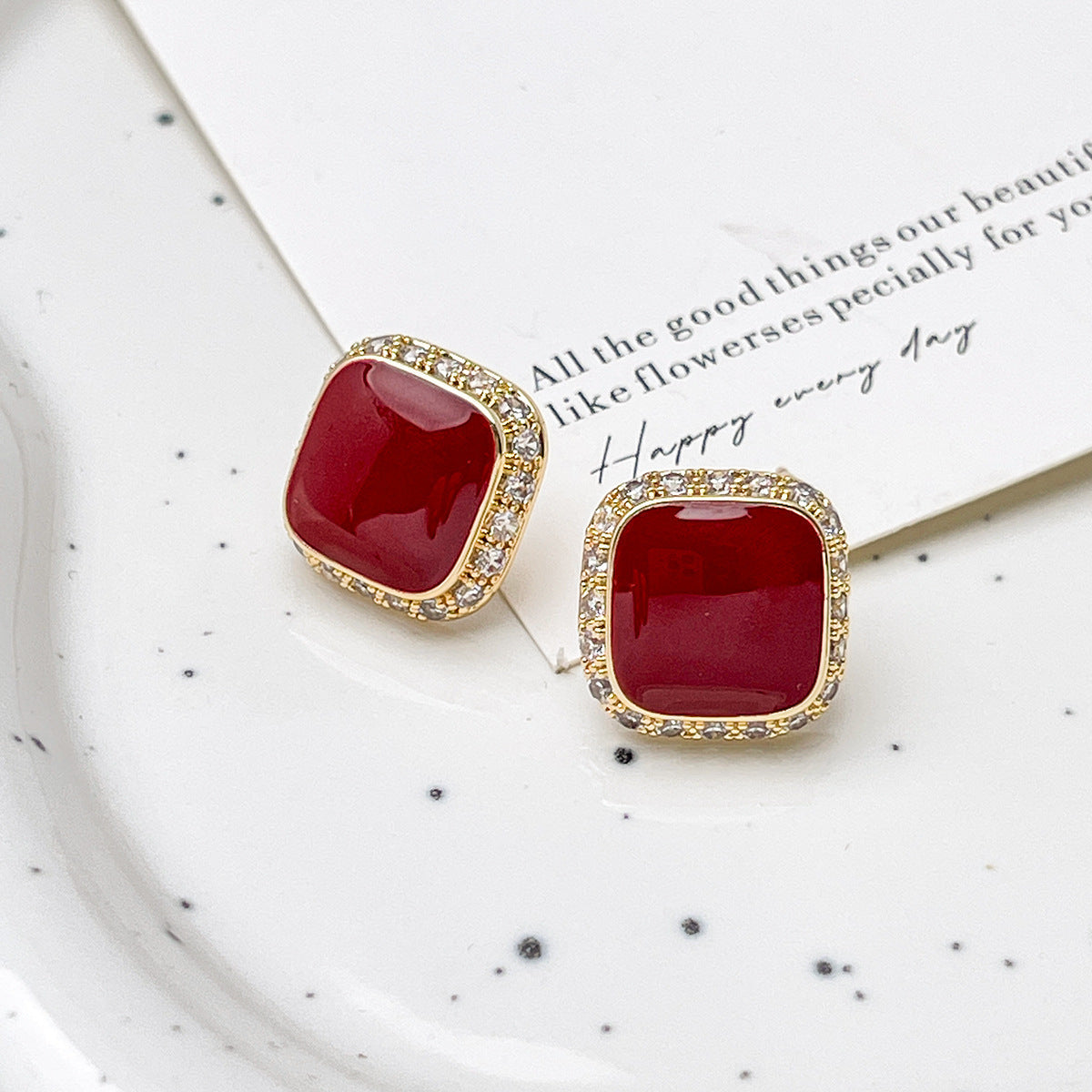 Retro Red Plate Temperament Inlaid Square Simple And Stylish Earrings Weloria