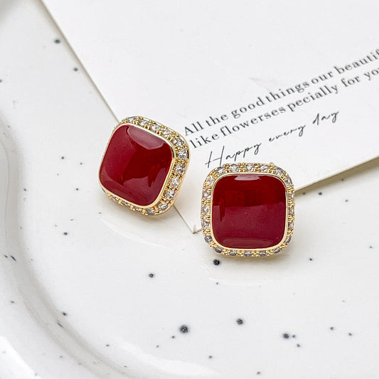 Retro Red Plate Temperament Inlaid Square Simple And Stylish Earrings Weloria