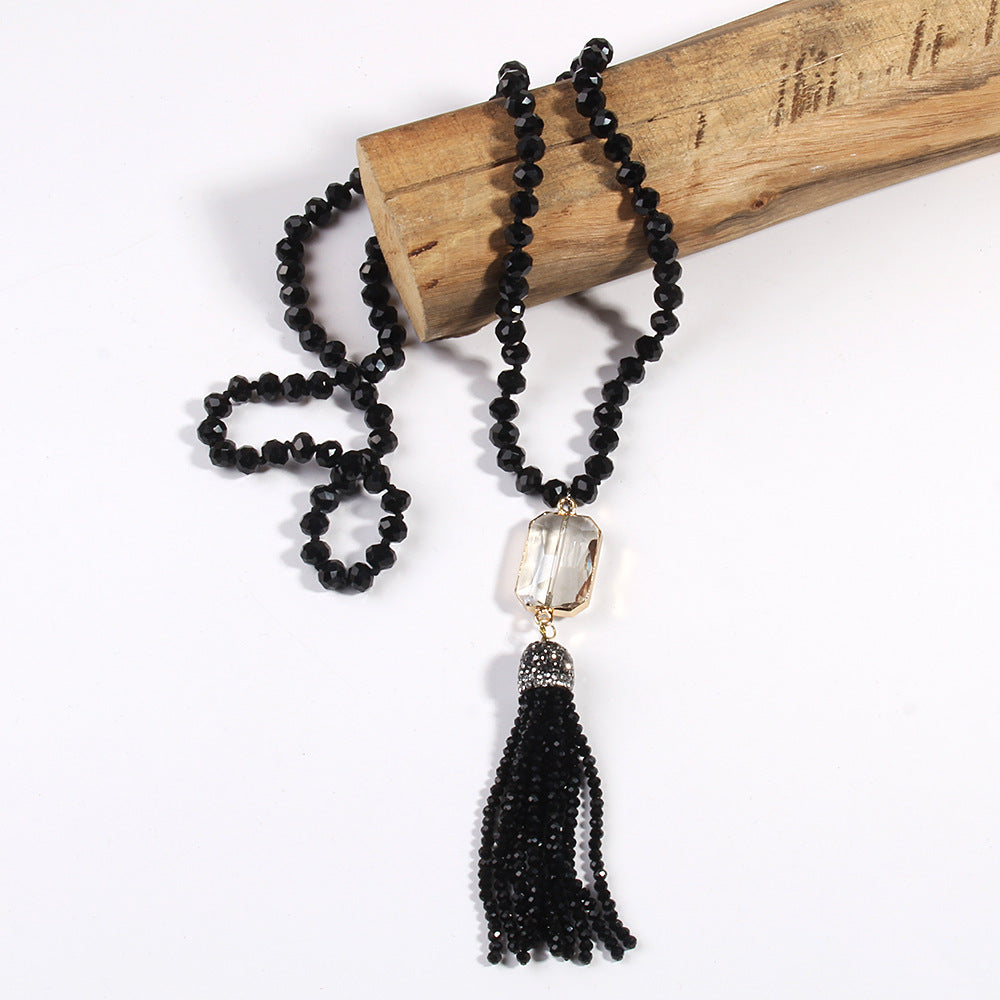 Crystal Glass Necklace Square Glass With Glass Tassel Necklace Sweater Chain Weloria