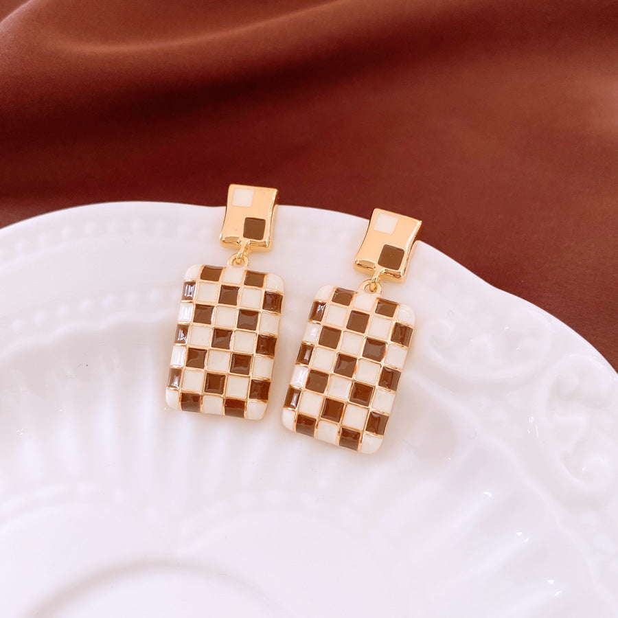 Real Gold Electroplated Silver Needle Oil-drop Rectangular Earrings Weloria