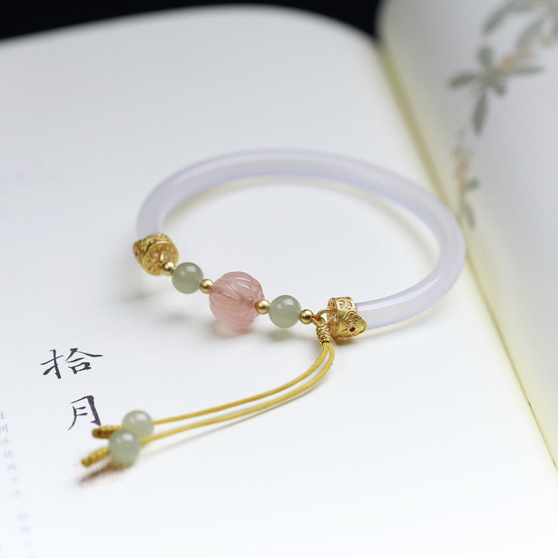 Natural White Agate Half Bracelet With South Red Lotus Beads Accessories S925 Silver Weloria