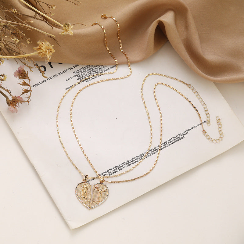 Real Gold Electroplated Jesus Pattern Two-half Love Pendant Twin Clavicle Chain Weloria