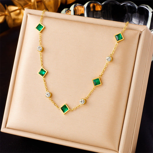 Stainless Steel Cube Emerald Zircon Personality Simple Niche Does Not Fade Necklace Weloria