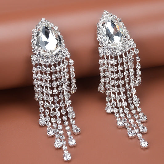 Rhinestone Tassel Earrings Big-name Drop-shaped Weloria