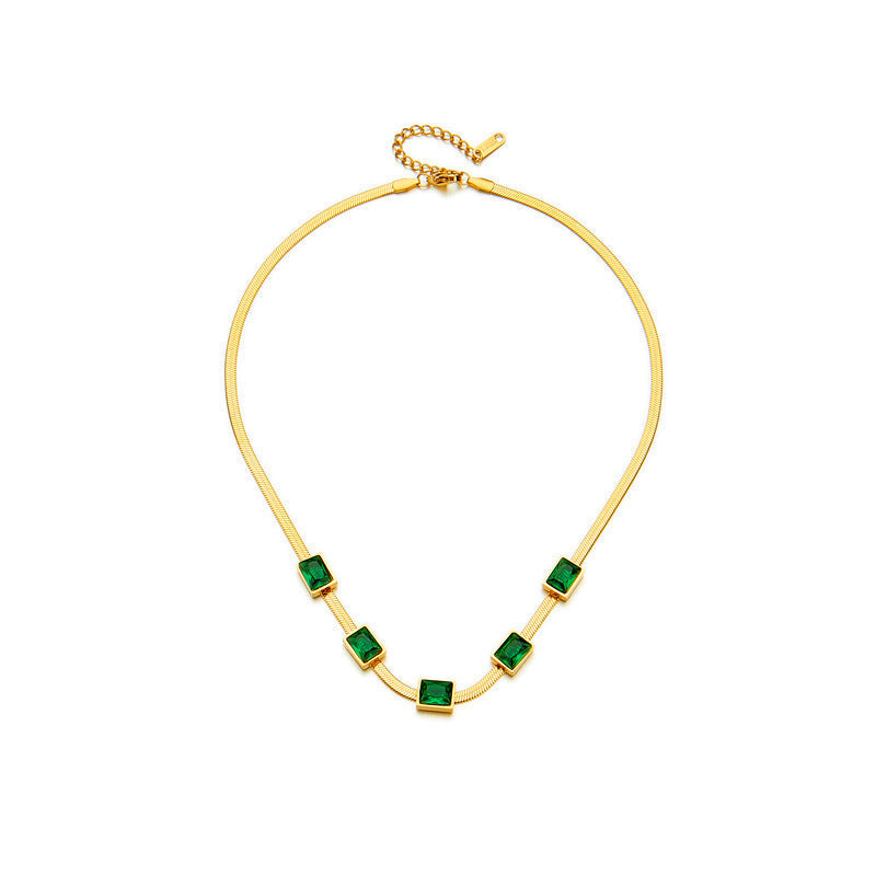 Simple Square Green Zircon Titanium Steel Necklace And Bracelet Suit Combination Weloria