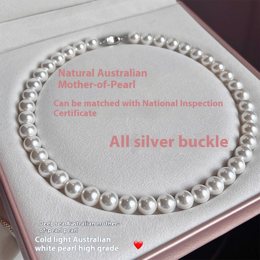 925 Silver Ingot Buckle Strong Light High Quality Shell Pearls Australian White Necklace Weloria