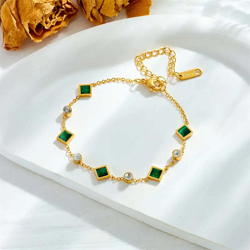 Fashion Gold-plated Titanium Steel Square Emerald Inlaid Rhinestone Bracelet Weloria