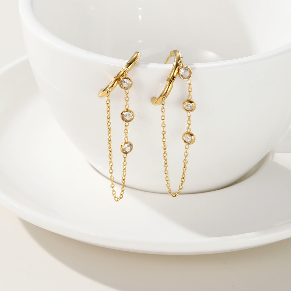 Internet Hot Chain Zircon Tassel Titanium Steel Earrings Weloria