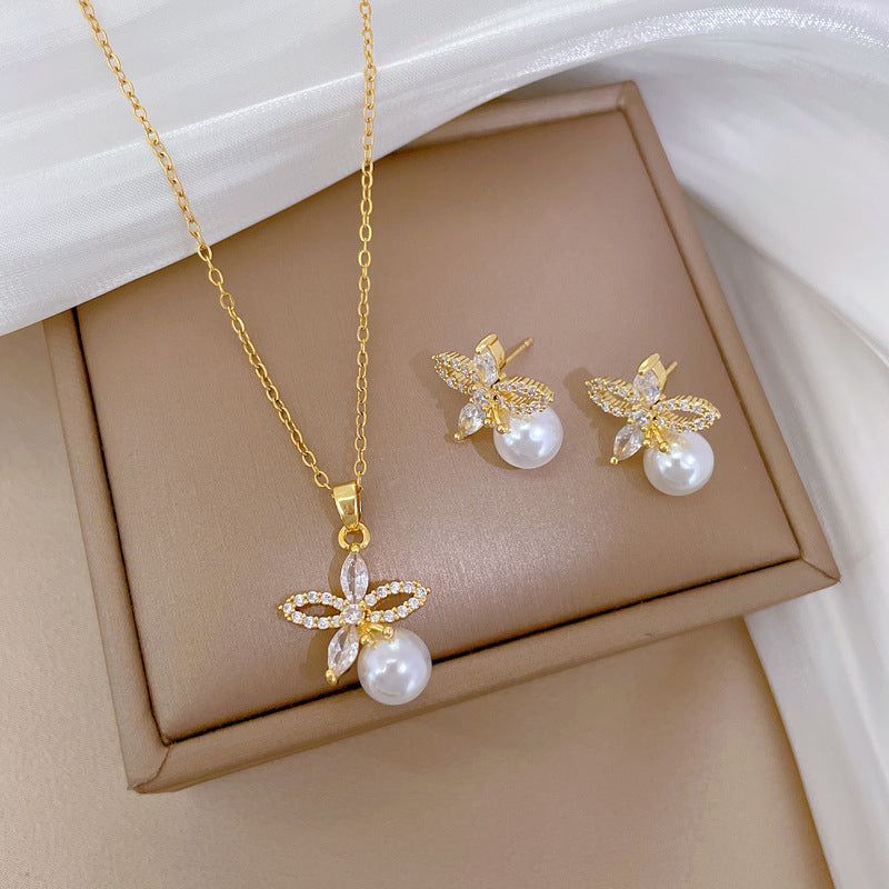 Titanium Steel Necklace And Earrings Suite Light Luxury Full Diamond Weloria