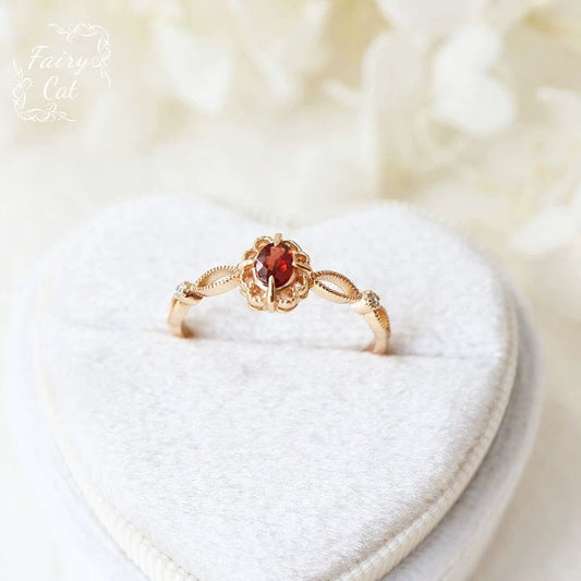 Natural Garnet Picture Frame Hollow Lace Flower Ring Weloria